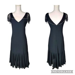 Black Beaded 20s *read* Style Drop Waist Art Deco Gatsby Flutter Sleeve Colum